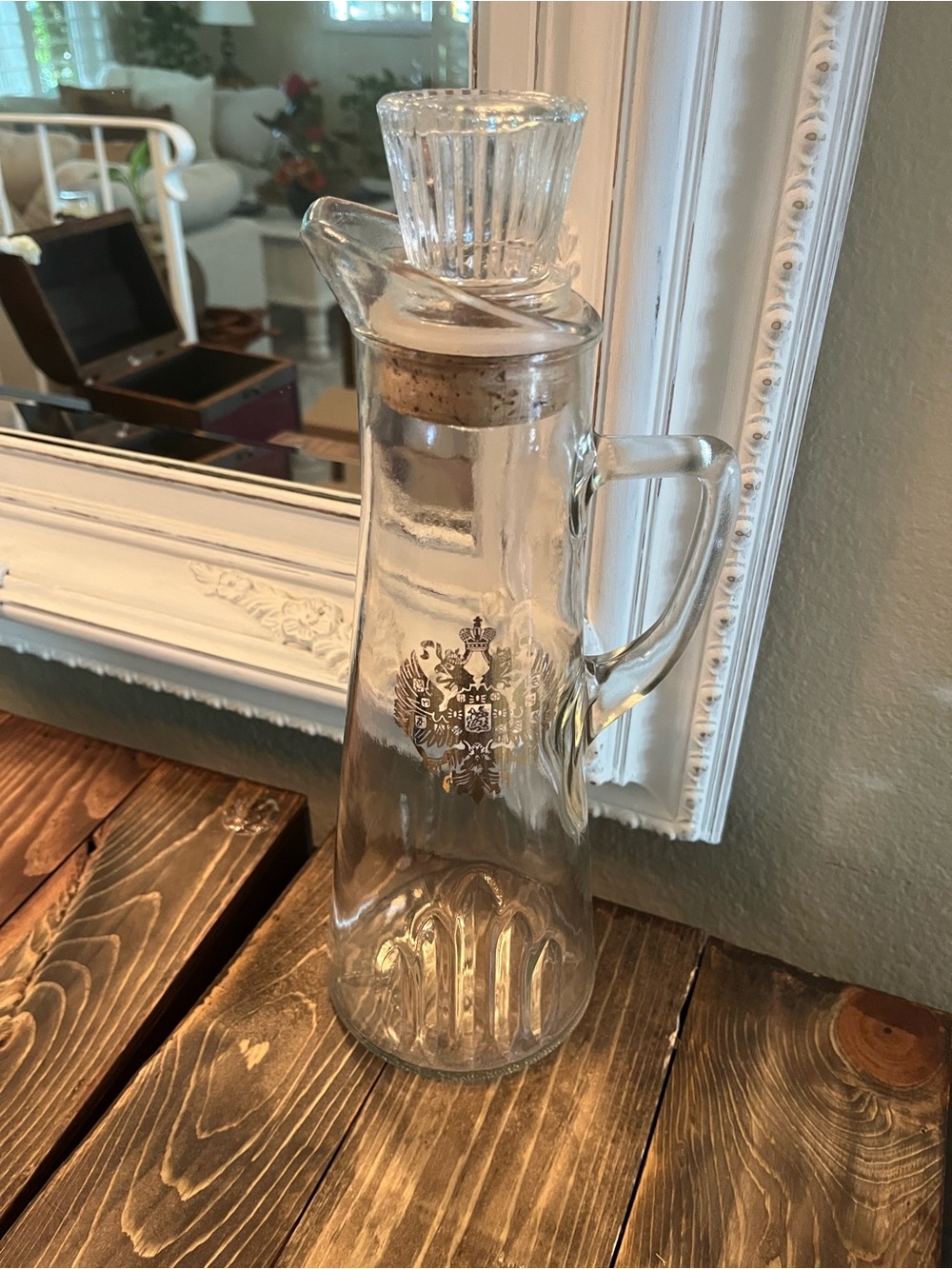 Clear Glass Pitcher with Decorative Crest Accent - Gold
